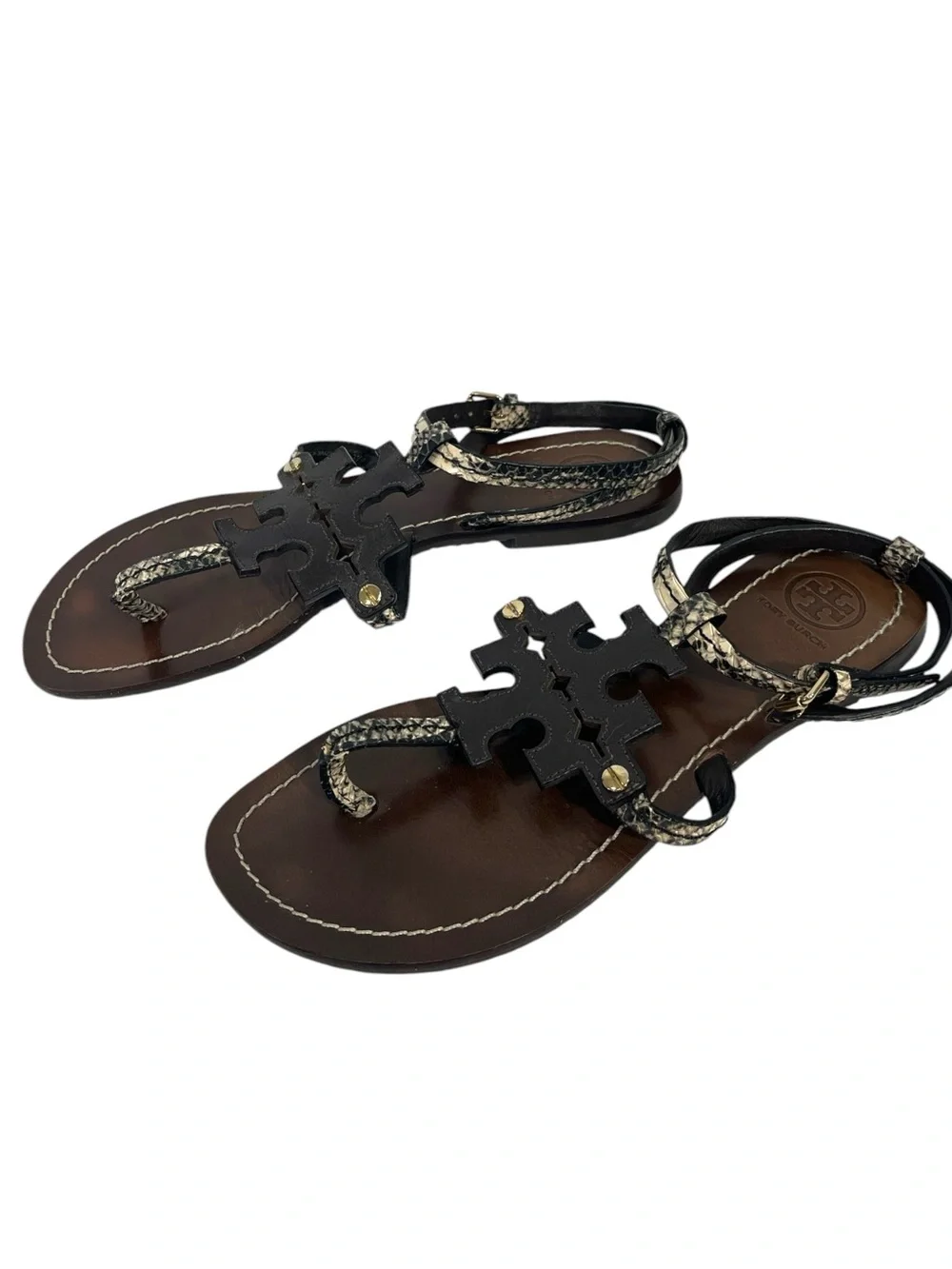 Tory Burch Phoebe Flat Thong Ankle Sandals size 7.5 in Brown Snake Print